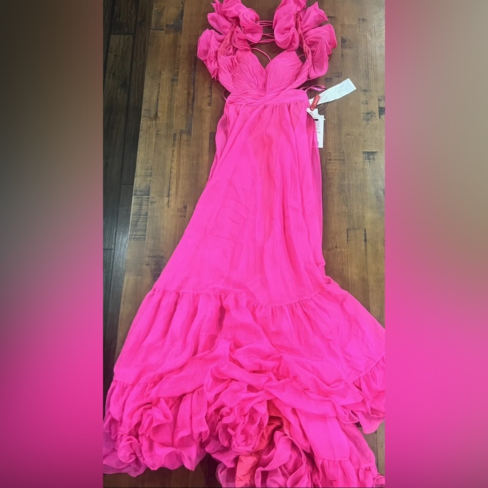 Mac Duggal 67911 Rosette Chiffon Cutout Empire Waist Gown Sz 6 Hot Pink Barbie